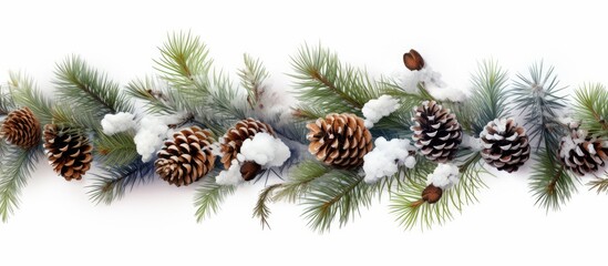 Snow covered fir tree branches with pine cones on white backdrop