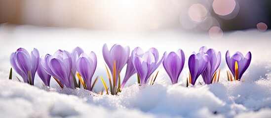 Purple crocuses emerging from under snow in early spring closeup with room for text
