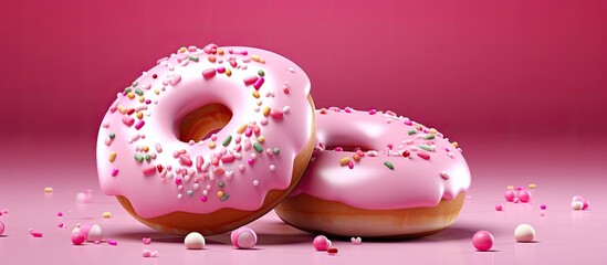 Celebratory pink and white donuts on a pink background