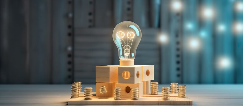 Concept of creative thinking and innovation for business growth represented by wooden cube blocks with light bulb and cycle icons on a clean background with spa