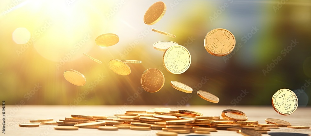 Poster coins flying and floating into piggy bank for financial saving concept 3d render