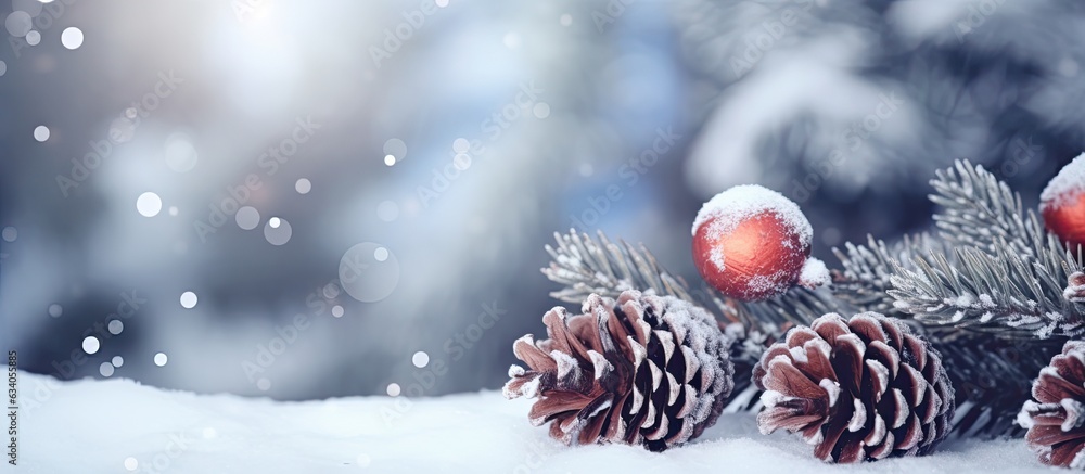 Leinwandbilder snowy winter christmas tree branches with cones surrounded by defocused lights and blurred backgroun