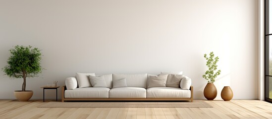 Minimal style living room with wooden floor white wall large sofa huge window and carpet in 3D rendering