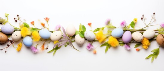 White background with spring flowers quail eggs and copy space Easter and springtime theme from top view