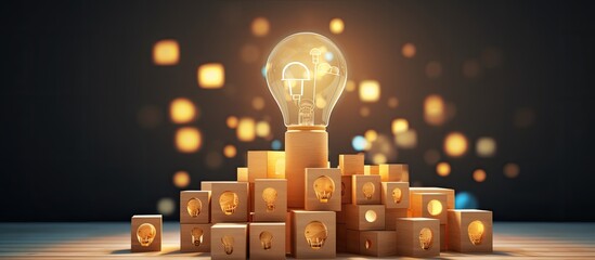 Concept of creative thinking and innovation for business growth represented by wooden cube blocks with light bulb and cycle icons on a clean background with spa
