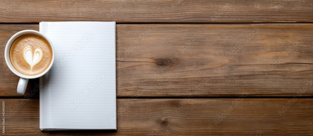 Poster Notebook seen from above with coffee and light on wooden table