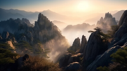 Beautiful Huangshan mountains landscape at sunrise in China. Generative AI