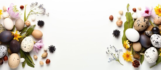 Naklejka na ściany i meble White background with spring flowers quail eggs and copy space Easter and springtime theme from top view