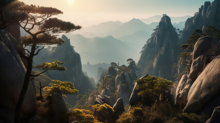 Beautiful Huangshan mountains landscape at sunrise in China. Generative AI