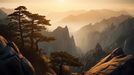 Crédence de cuisine en verre imprimé Monts Huang Beautiful Huangshan mountains landscape at sunrise in China. Generative AI