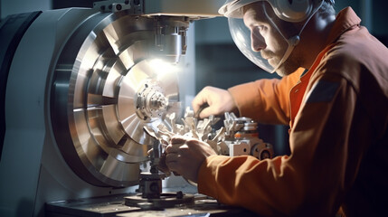 A factory worker operating a cnc milling machine to create a complex metal part. the machine is whirring and the metal is cutting through the air with precision, industrial machinery stock photos