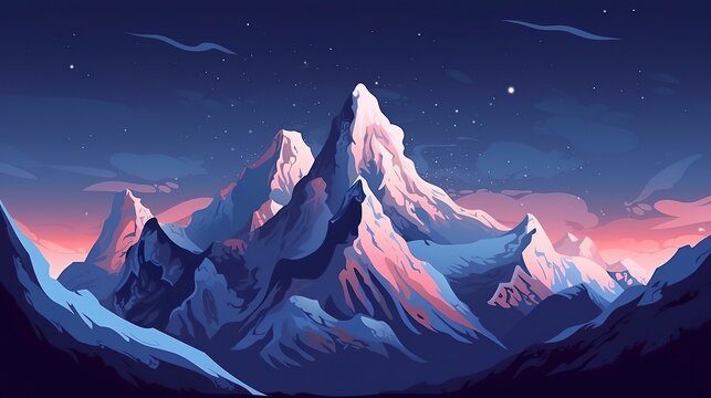 Snow Peaks And Glaciers On The Dark Sky Landscape Illustration.