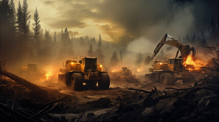 A fleet of bulldozers plow through a burning forest, industrial machinery stock photos