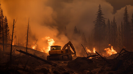A fleet of bulldozers plow through a burning forest, industrial machinery stock photos