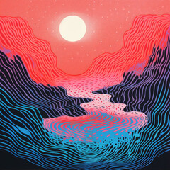 Obraz premium Risograph-like Psychedelic Illustration - Surreal Mountains