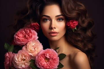 Beautiful white girl with flowers. Stunning brunette girl with big bouquet flowers of roses. Closeup face of young beautiful woman with a healthy clean skin. Pretty woman with bright makeup