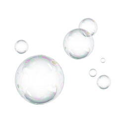 3D Soap bubble floating on white background. Water foam bubbles with rainbow colors. Realistic iridescent ball. Soap transparent balloon. 3D Rendering