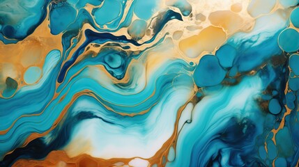 Abstract liquid art flow in hues of blue and gold.