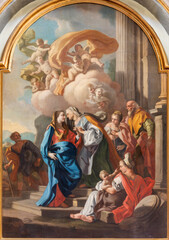 NAPLES, ITALY - APRIL 23, 2023:  The painting of Visitation in the church Chiesa di San Nicola alla Carita by Francesco de Mura from 18. cent. - obrazy, fototapety, plakaty