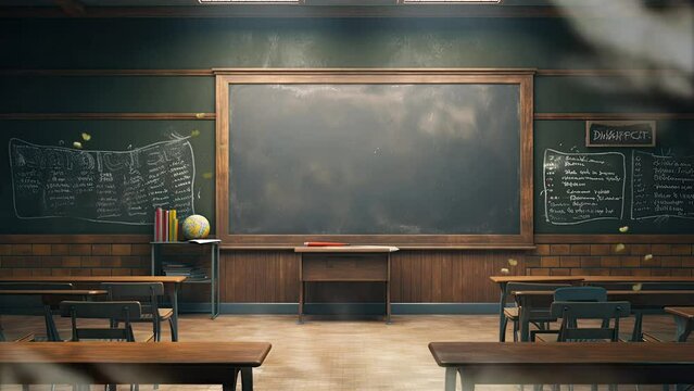 back to school classroom with blackboard background with anime or cartoon style.  seamless looping time-lapse virtual video animation background.