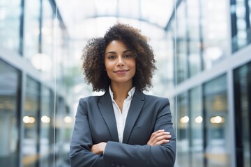 Happy middle aged business afro woman ceo standing in office