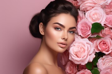 Naklejka premium Beautiful white girl with flowers. Stunning brunette girl with big bouquet flowers of roses. Closeup face of young beautiful woman with a healthy clean skin. Pretty woman with bright makeup