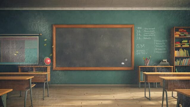 back to school classroom with blackboard background with anime or cartoon style.  seamless looping time-lapse virtual video animation background.