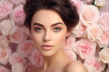 Obraz na płótnie Canvas Beautiful white girl with flowers. Stunning brunette girl with big bouquet flowers of roses. Closeup face of young beautiful woman with a healthy clean skin. Pretty woman with bright makeup