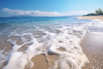 Obraz premium Beautiful sandy beach and waves of the Mediterranean. Beautiful seascape with wave splashing on sandy beach.