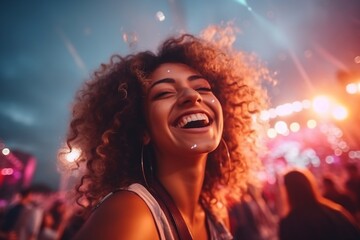 Young woman at a summer music festival. Joyful fun. Stage performance with lights and crowd