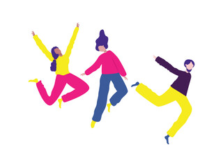 young free jump pose celebrate happiness cheerful leisure relax time with boy and girl wear casual fashionable clothes