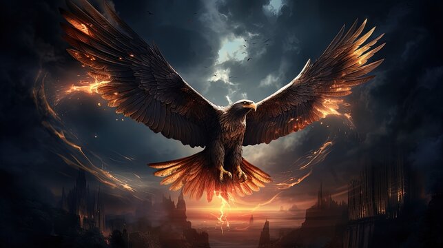illustration of big eagle with flame on wing fly in dark cloud storm sky, Generative Ai