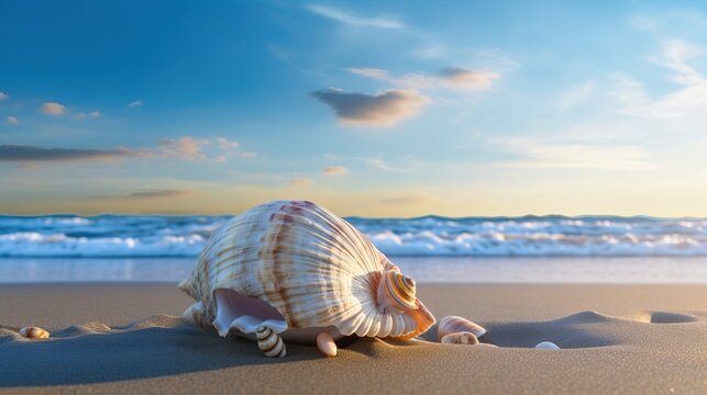 A small seashell on a beach . Created using Generative AI technology.