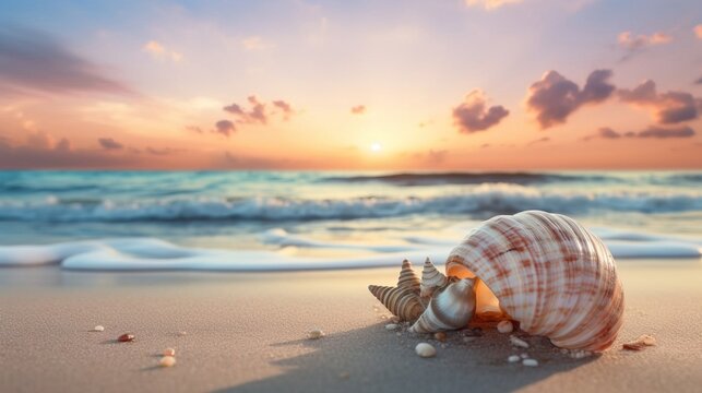 A small seashell on a beach . Created using Generative AI technology.