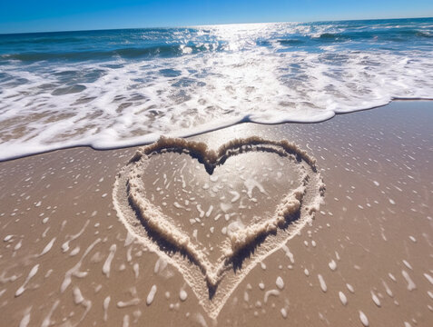 a heart painted on the sand, on the ocean, a sunny summer day