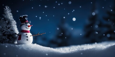 winter wonderland scene with a snowman on a snow-covered surface, adorned with snowflakes on the branches, bathed in natural moonlight. Christmas and new year concept