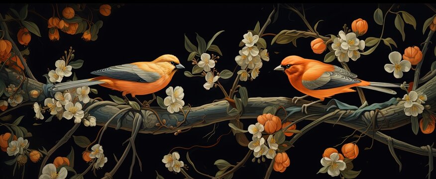 painting style illustration wallpaper of bird on blossom tree branch with flower blossom in orange and green vintage tone color, Generative Ai