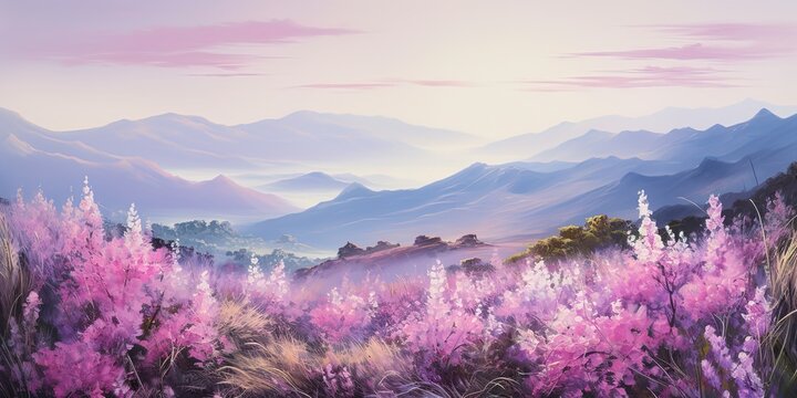 illustration of beautiful pink flower field with mountain valley landscape, Generative Ai