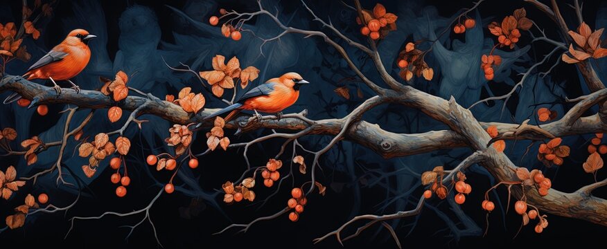 painting style illustration wallpaper of two birds on blossom tree branch with flower blossom in orange and green vintage tone color, Generative Ai © QuietWord