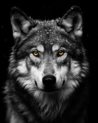 Generated photorealistic image of a severe forest gray wolf with snow on his coat in black and white format