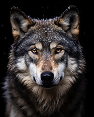 Generated photorealistic image of a stern forest gray wolf with snow on its fur