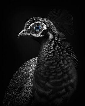 Generated photorealistic image of a meek peacock with blue eyes in black and white format