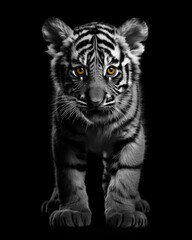Generated photorealistic image of a small wild tiger cub in full growth on a black background in black and white format