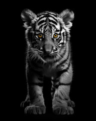 Obraz premium Generated photorealistic image of a small wild tiger cub in full growth on a black background in black and white format