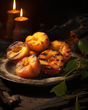 Generated photo-realistic image of an appetizing dessert with grilled peaches on a rustic table