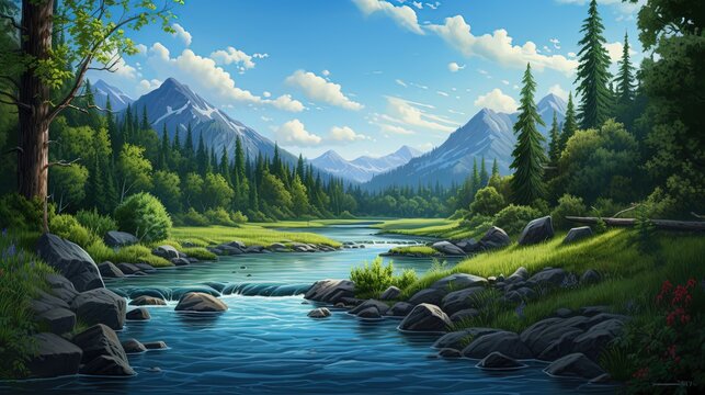 painting style illustration of beautiful spring morning light nature landscape, Generative Ai