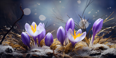 Fototapeta na wymiar First spring flowers. Blooming purple crocus flower covered snow, macro. Generative AI