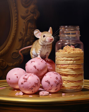 Generated photorealistic image of a gray mouse on a table among sweets