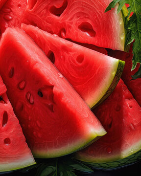 Generated photorealistic image of juicy red watermelon slices
