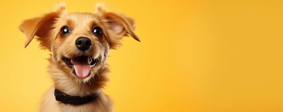 Happy Red Funny Dog Smiling On Isolated Yellow Background.